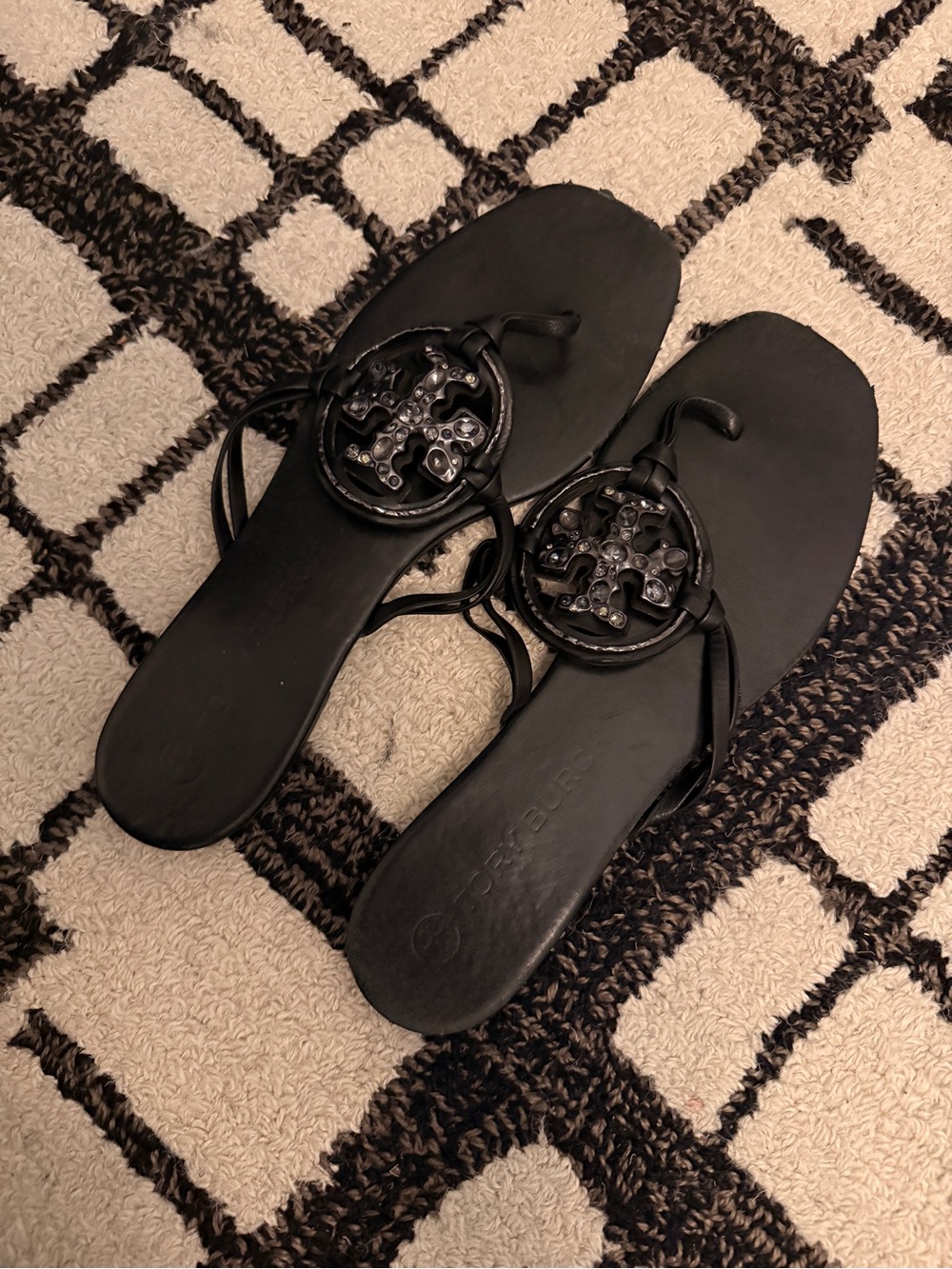 Tory Burch Black Logo Leather Thong Sandals